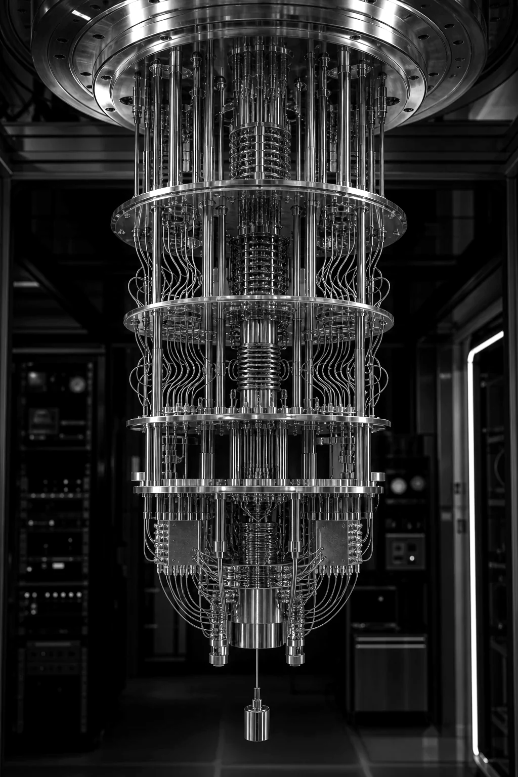 Futuristic quantum computer chandelier cryogenic refrigerator